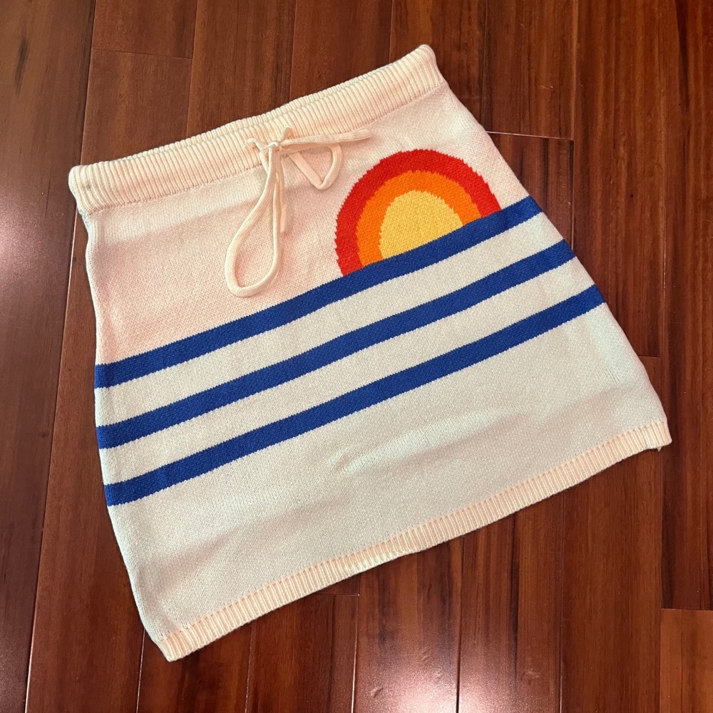 Sunset Knit Mini Skirt Graphic Cream Blue Stripe Beach Retro New Size Small